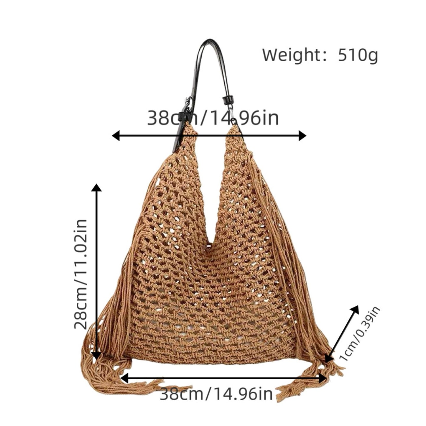Woven Crochet Shoulder Bag with Fringe Detail Slouchy Hobo Style Lightweight Handbag