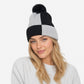 Color Block Knit Beanie Winter Hat with Pom and Plush Lining
