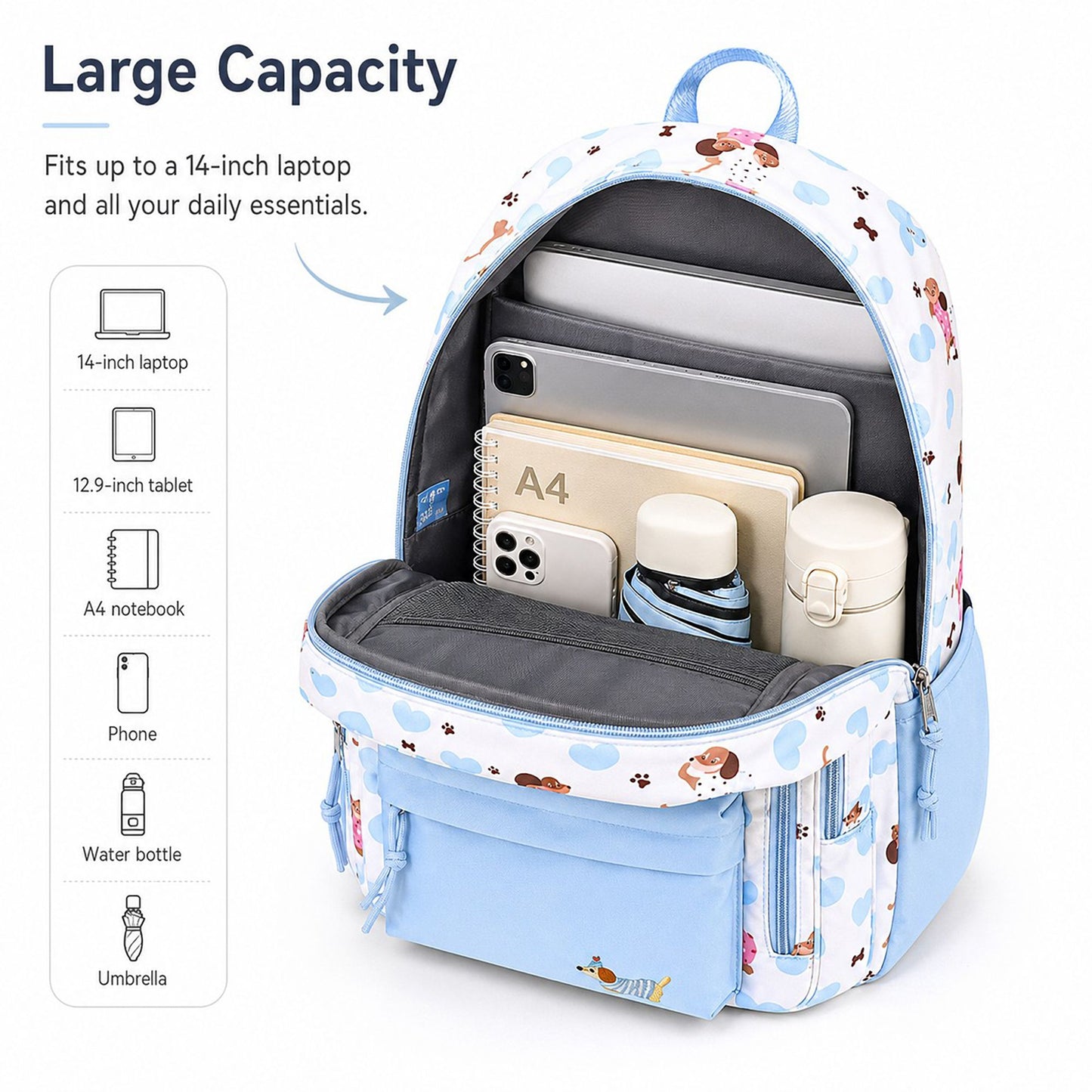 Dog Print School Backpack with Multiple Zip Pockets