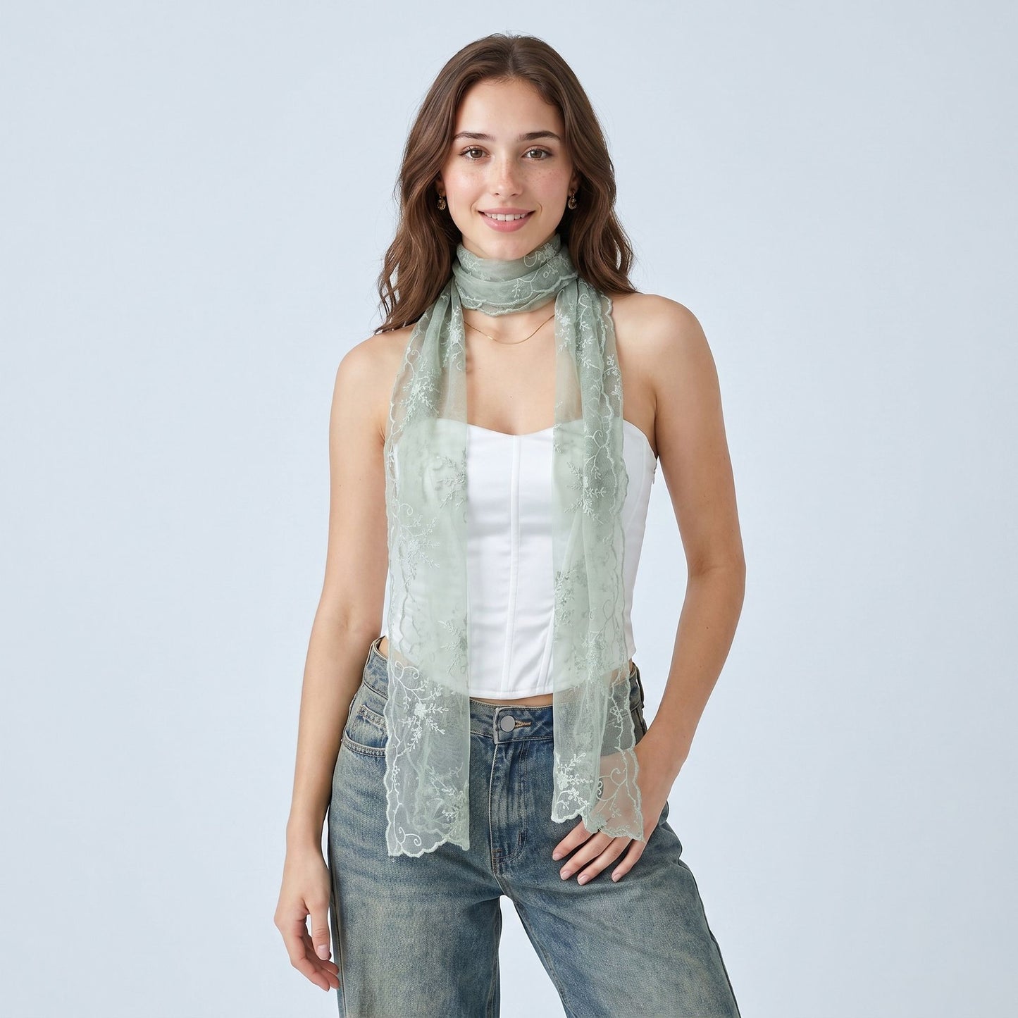 Sheer Embroidered Skinny Scarf with Floral Lace Trim and Long Neck Tie Design