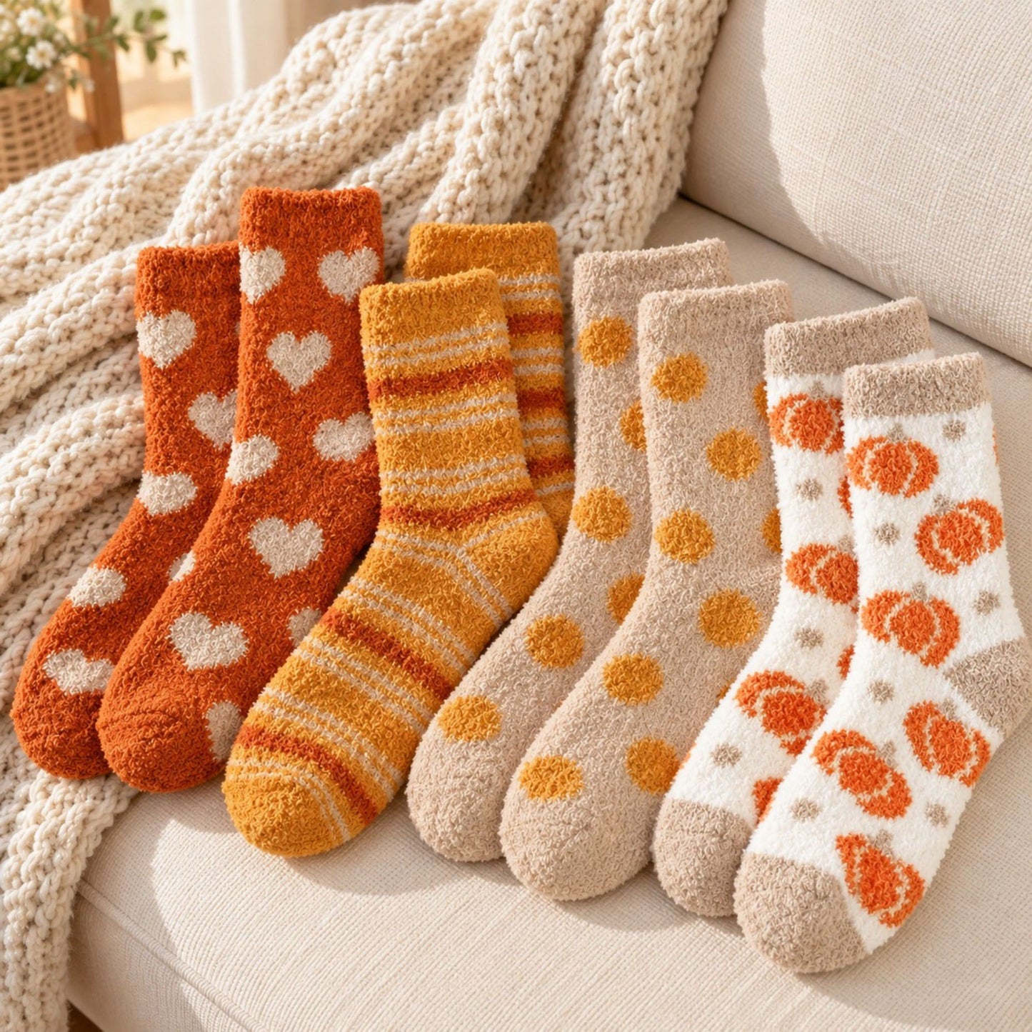 Warm Tone Fuzzy Crew Socks 4-Pair Set US 5-10.5