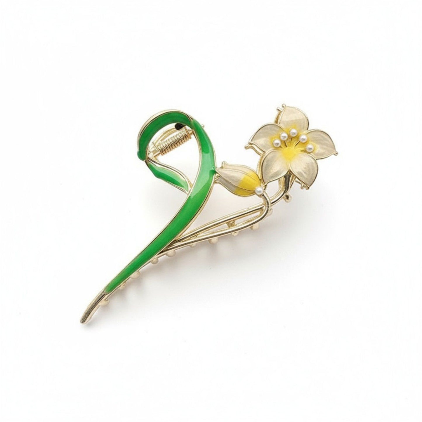 Tulip Flower Metal Hair Claw Clip with Enamel Petal and Leaf Detailing