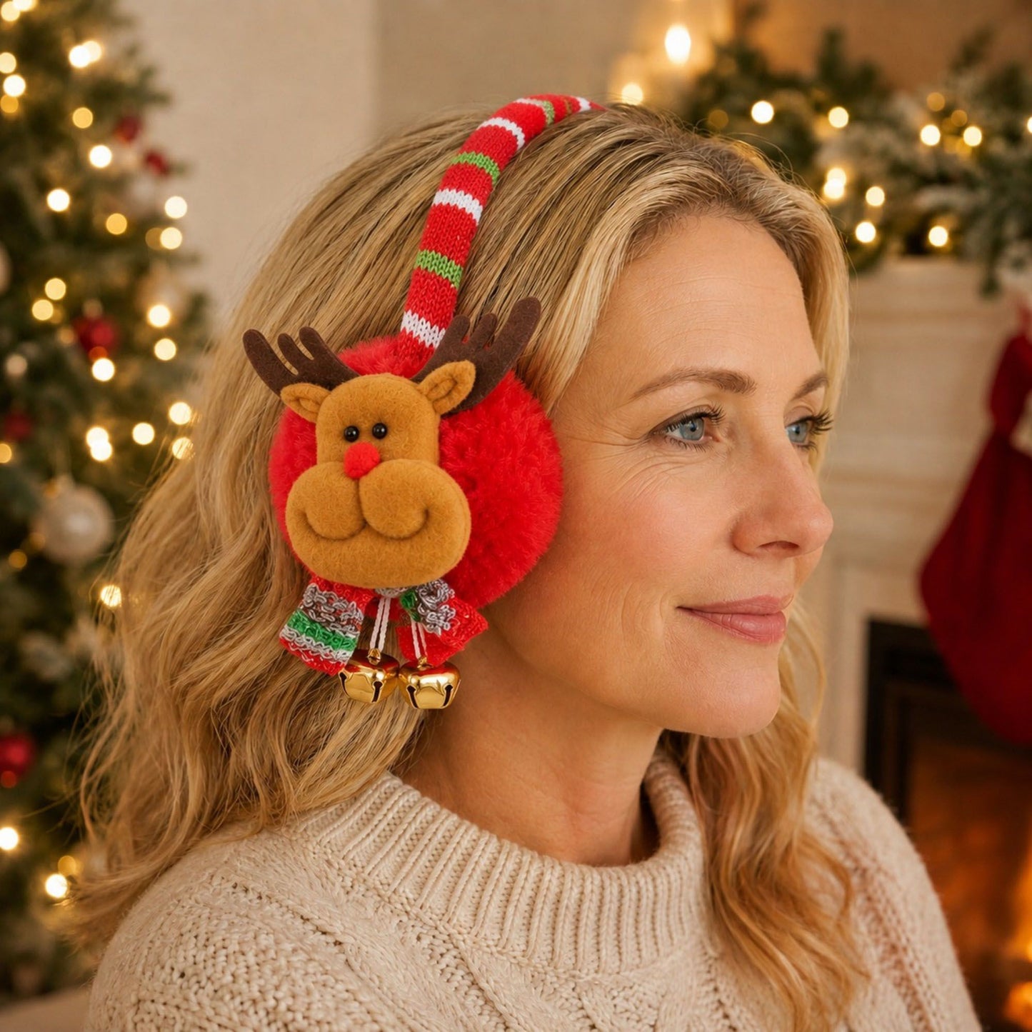 Christmas Santa Plush Earmuffs with Jingle Bell Accents
