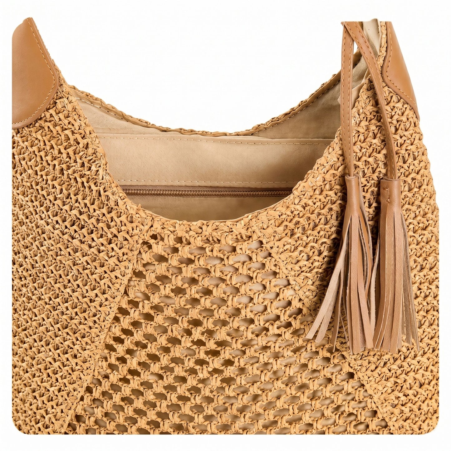 Woven Paper Fiber Shoulder Tote Bag Large Capacity Crochet Handbag with Tassel Accent