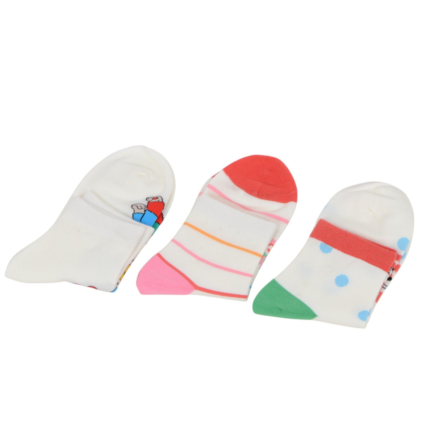 Renaissance Women 3-Pair Ankle Socks Set Assorted Patterns Featuring Colorblock, Cartoon Characters, and Butterfly Prints