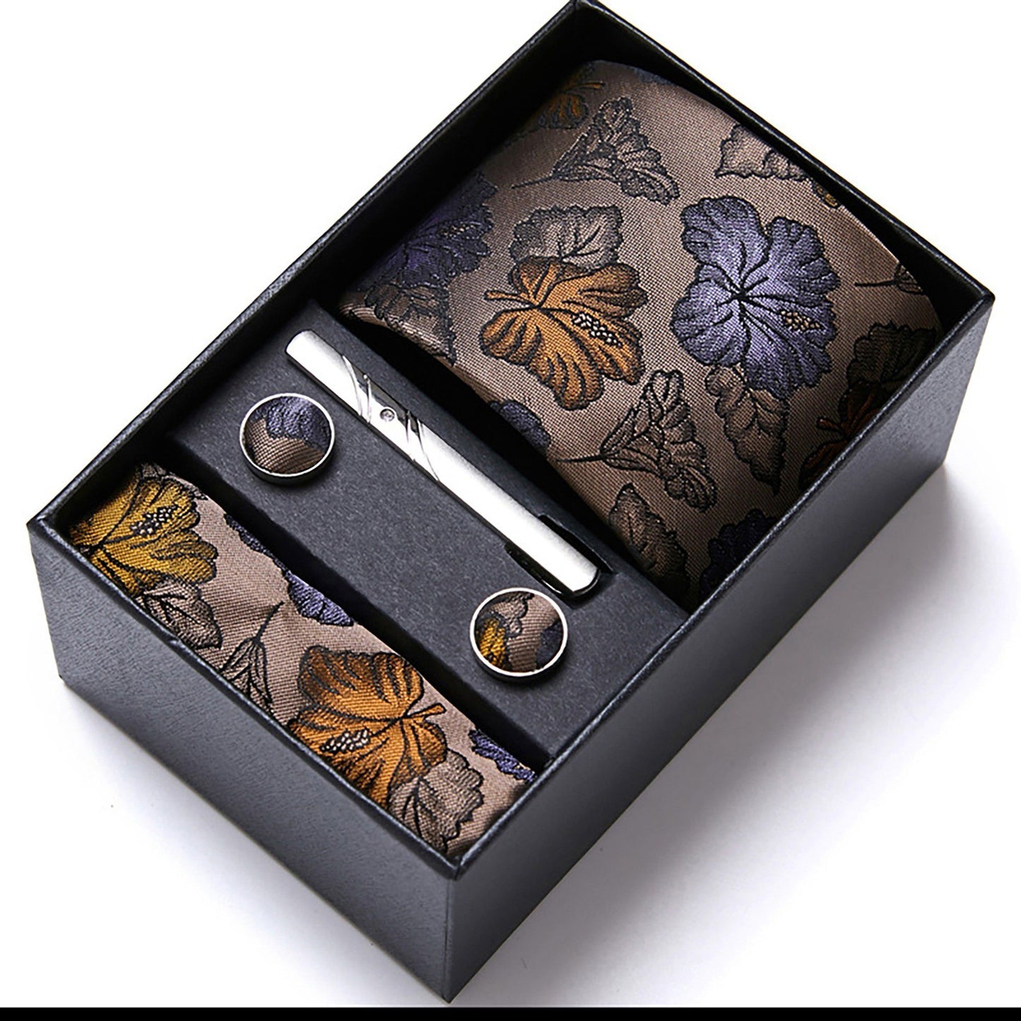 Men's Floral Pattern Tie Gift Set with Matching Pocket Square Cufflinks and Silver Tie Clip