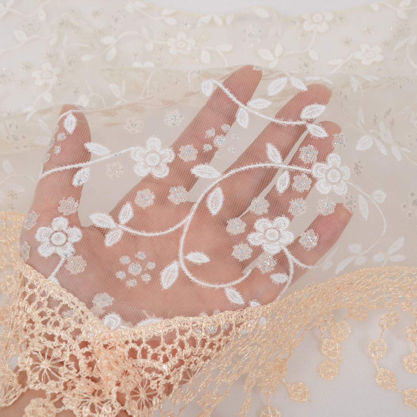 Lightweight Lace Floral Head Scarf Fringe Triangular Shawl