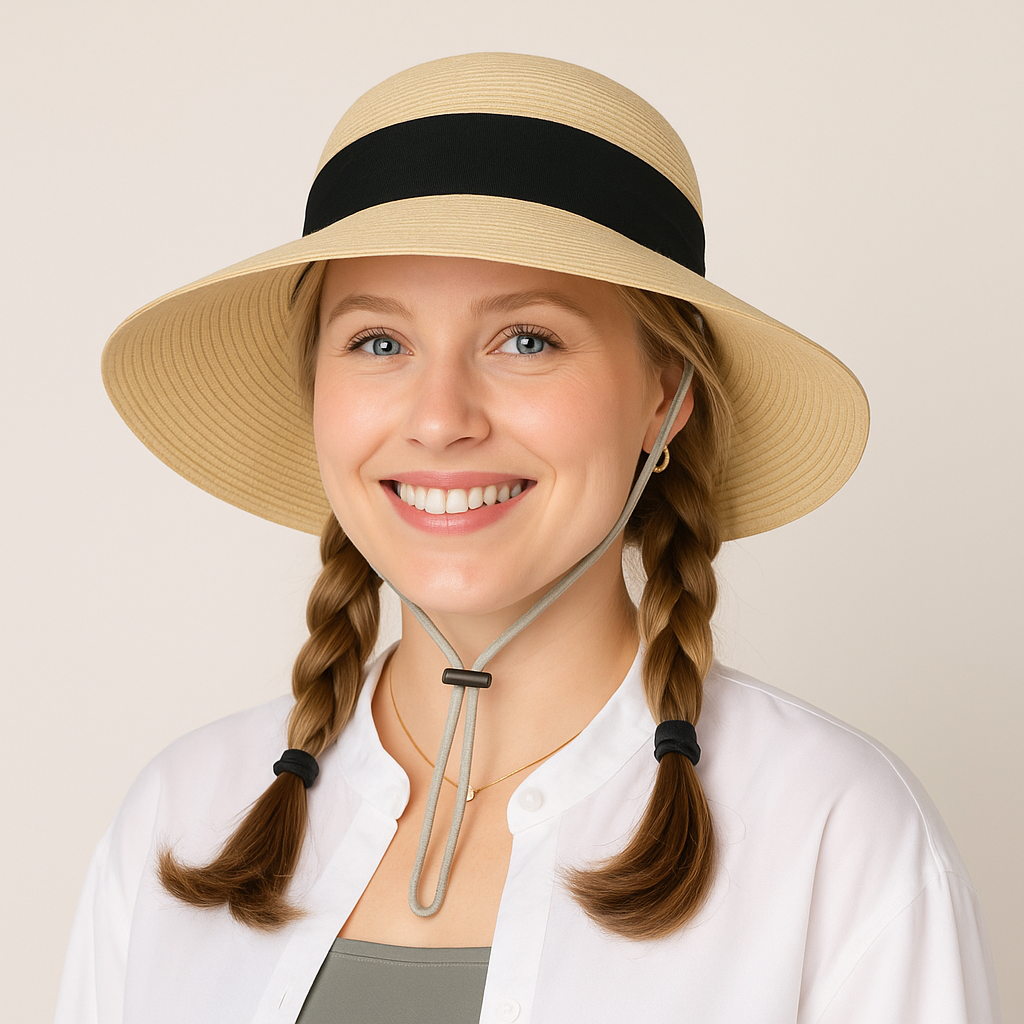 Women's Woven Floppy Sun Hat with Wide Ribbon Knot Detail and Curved Brim