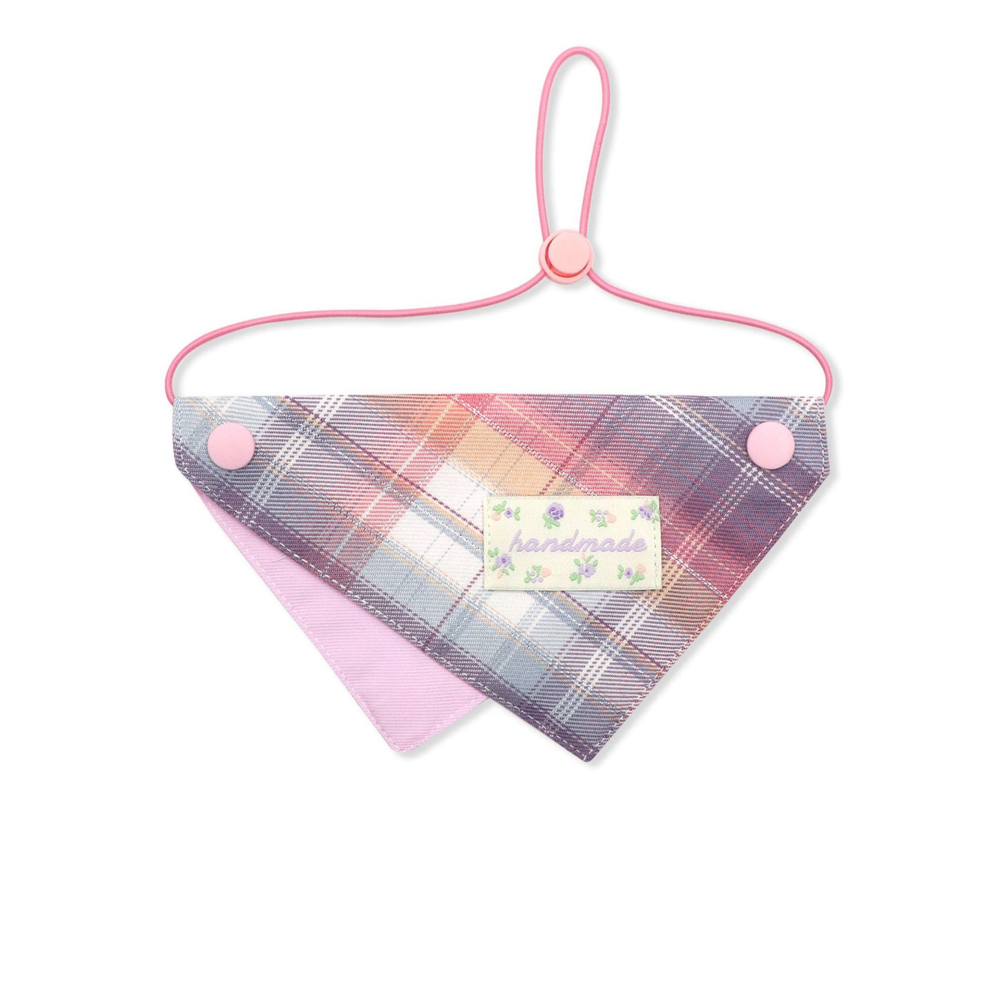 Pet Bandana Collar Soft Adjustable Plaid Scarf with Button Closure and Decorative Patch Design