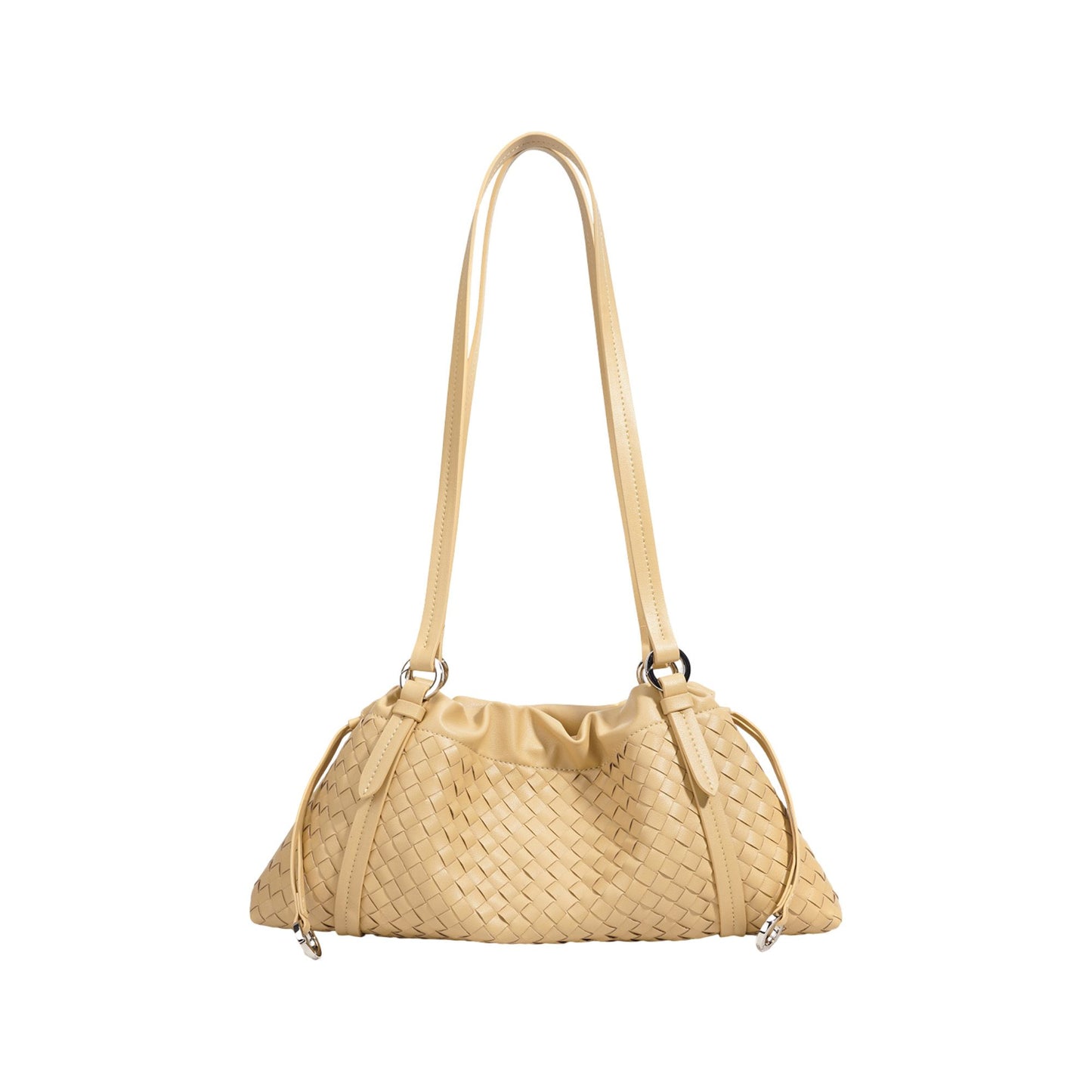 Woven Leather Shoulder Satchel with Ruched Top Detail Long Straps and Slouchy Shape