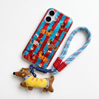 Dachshund Phone Case Wristlet Set Dog Print Case Plush Charm Strap