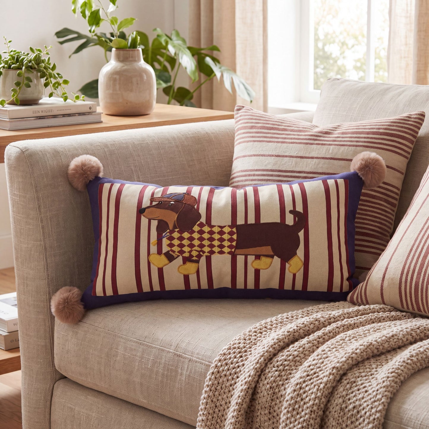 Dachshund Dog Print Decorative Throw Pillow Cover with Pom Pom Corners and Hidden Zipper