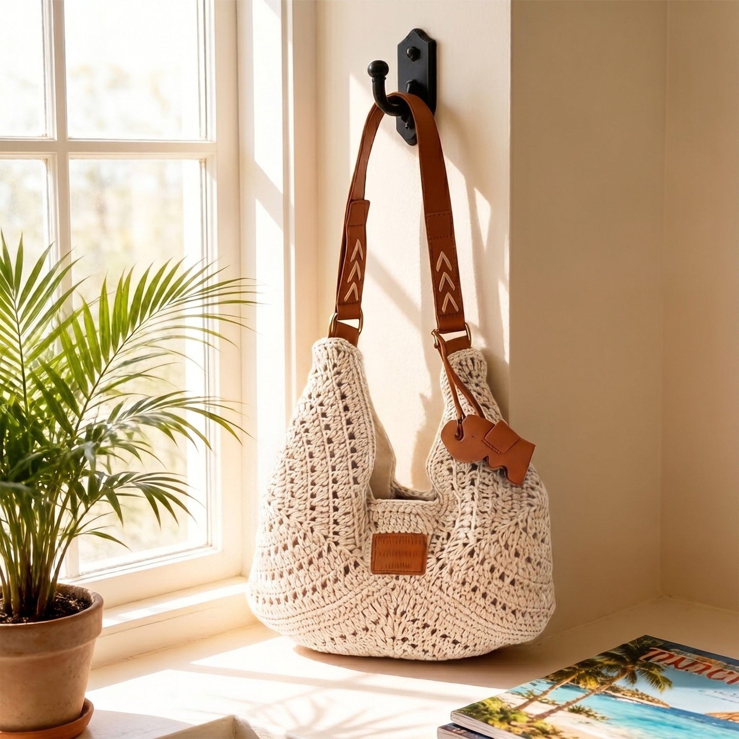 Woven Crochet Shoulder Bag with Embroidered Strap Slouchy Hobo Handbag Lightweight Knit Tote