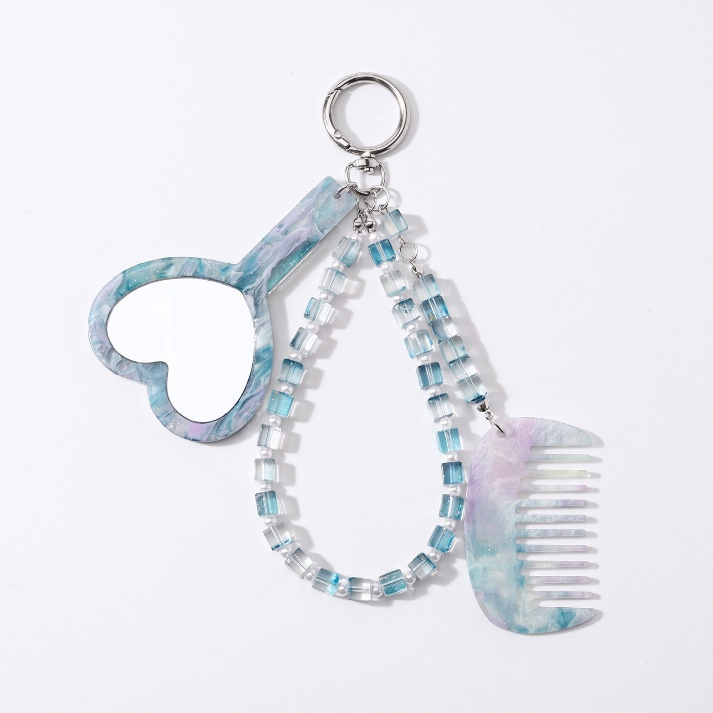 Beaded Keychain Bag Charm with Heart Mirror and Mini Comb