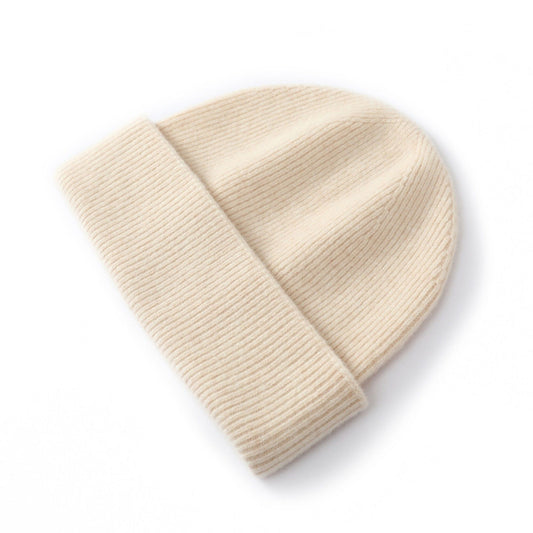 Ribbed Wool Knit Beanie Hat with Folded Cuff