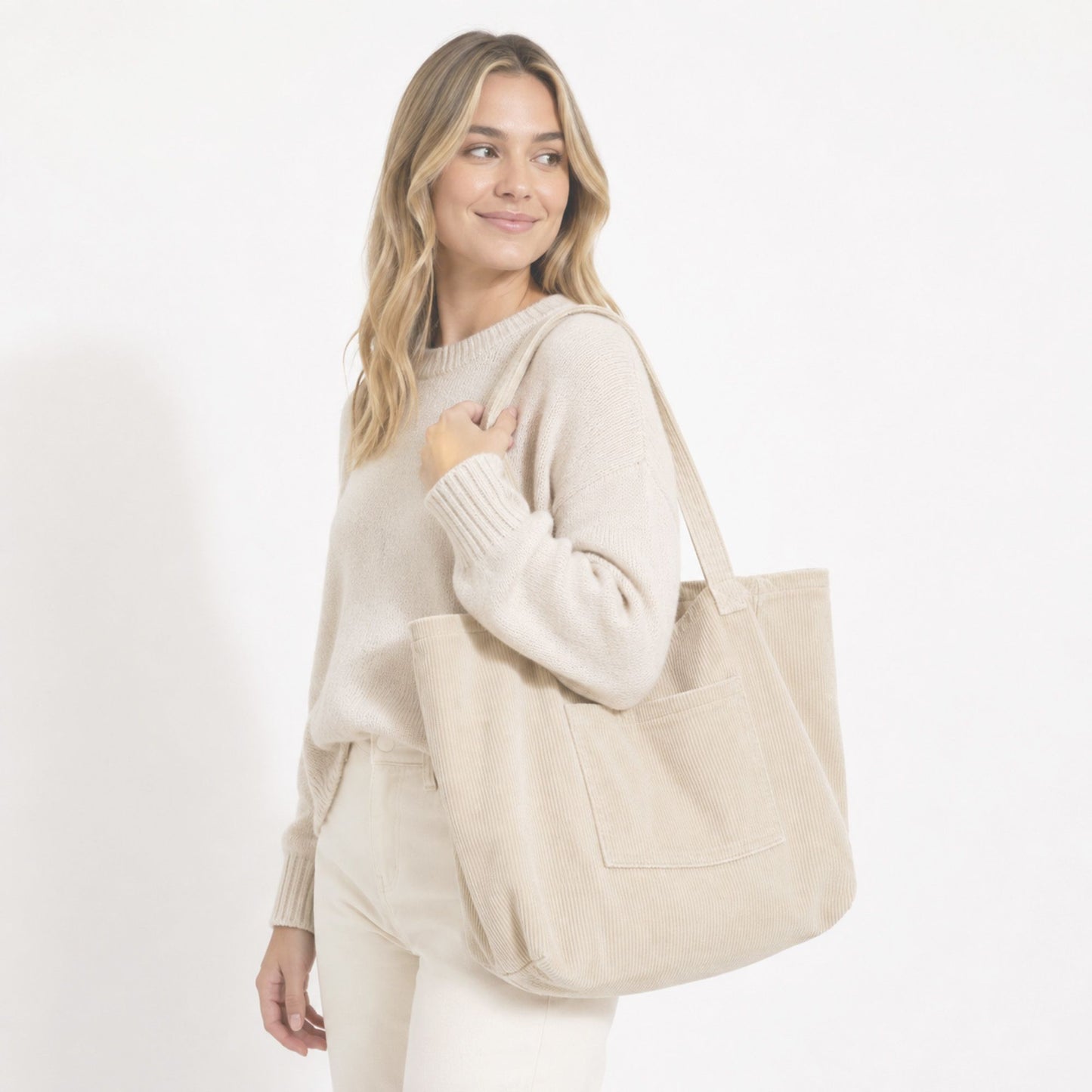 Corduroy Tote Bag Large Capacity Shoulder Bag with Front Pocket