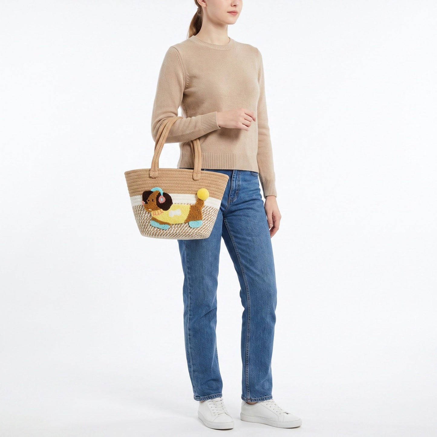 Dog Applique Woven Rope Tote Bag Textured Handbag Casual Summer Carryall