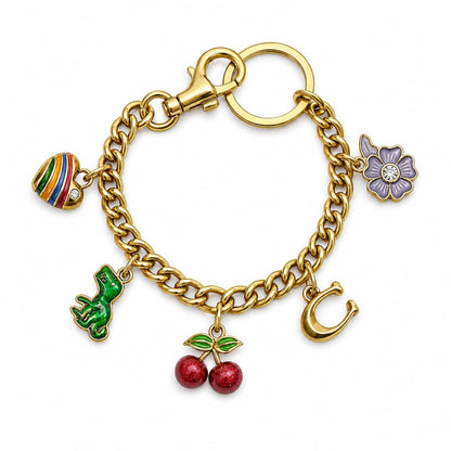 Gold Tone Charm Chain Bag Accessory with Cherry Dinosaur Heart Flower and Horseshoe Accents