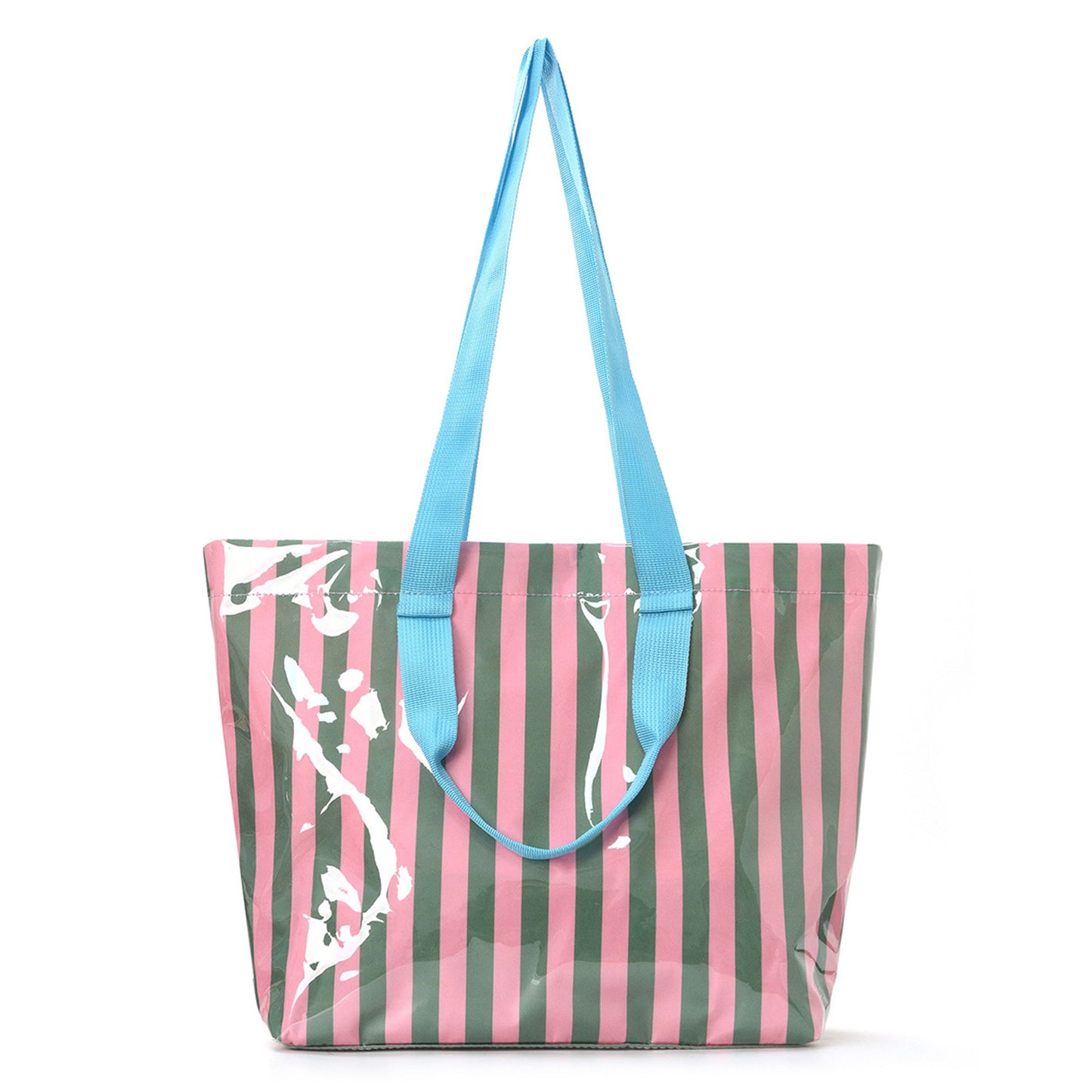 Striped PVC Beach Tote Bag with Magnetic Closure and Zip Pocket