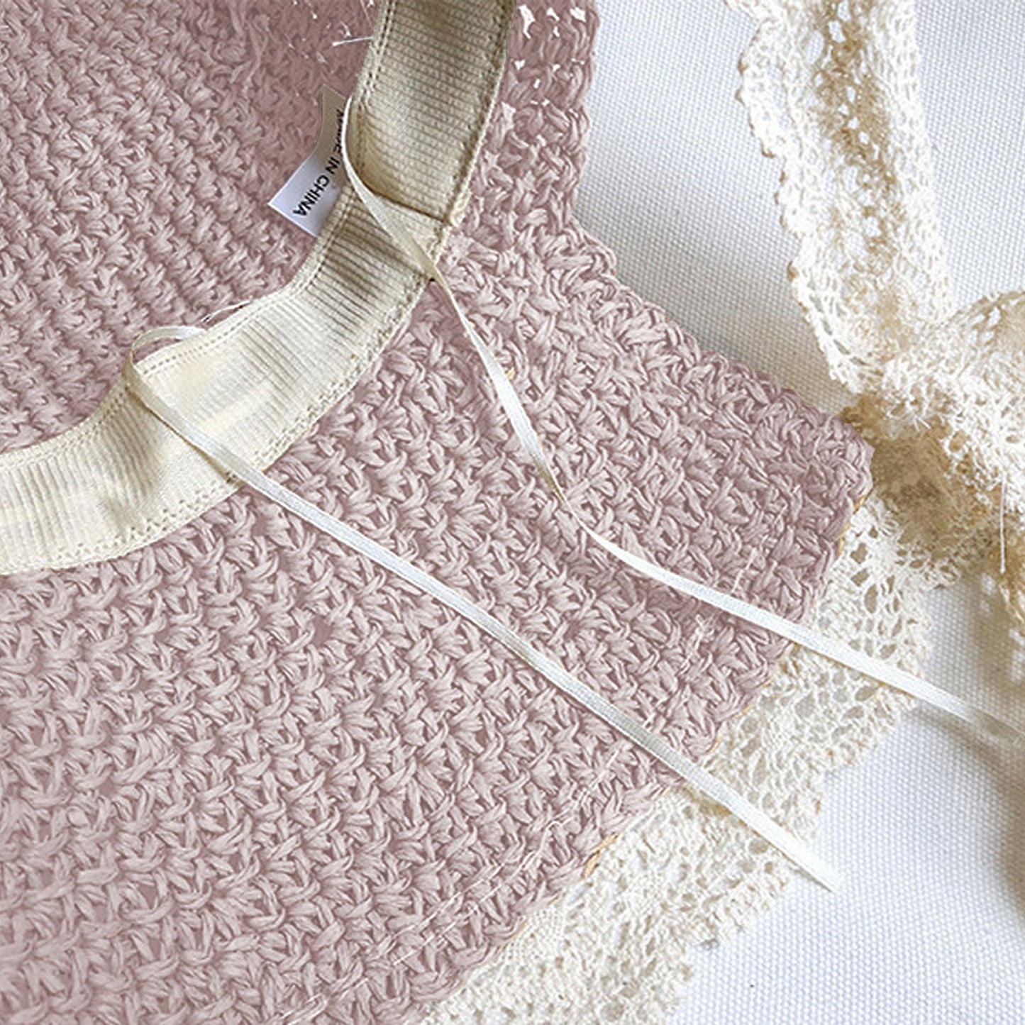 Women's Crochet Straw Hat with Lace Trim and Bow Detail