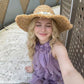 Braided Straw Sun Hat with Floral Applique Trim and Fringe Brim Design