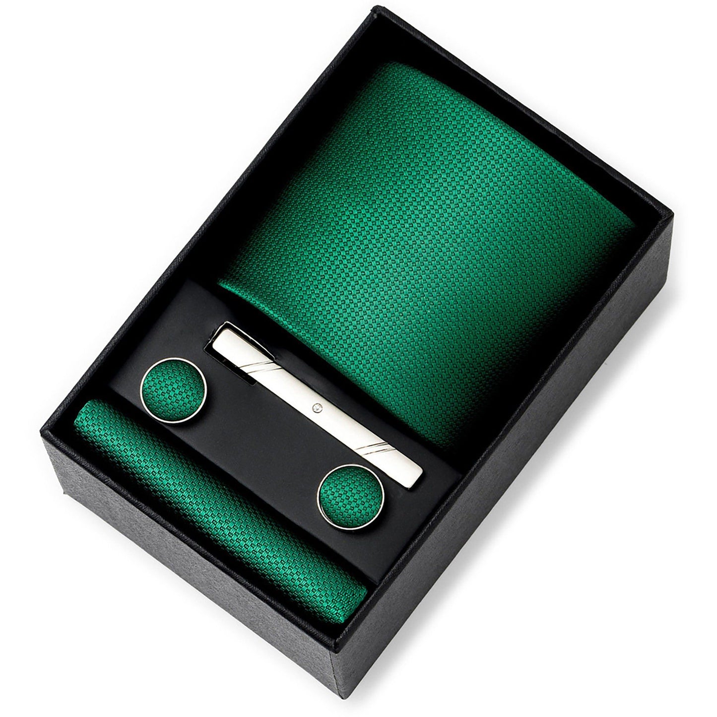 Men's Textured Solid Color Tie Gift Set with Matching Pocket Square Cufflinks and Silver Tie Clip