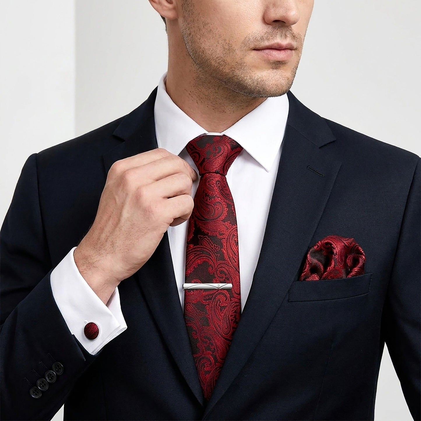 Men's Floral Print Tie Gift Set with Matching Pocket Square Cufflinks and Silver Tie Clip