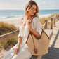 Woven Straw Style Tote Bag Large Capacity Shoulder Bag with Faux Leather Trim