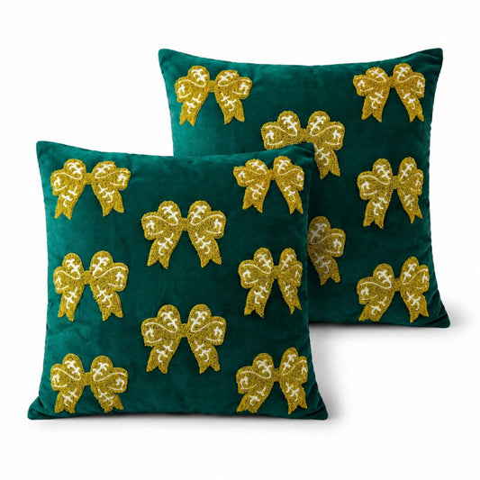 2 Pack Christmas Tree Bow Embroidered Velvet Pillow Covers