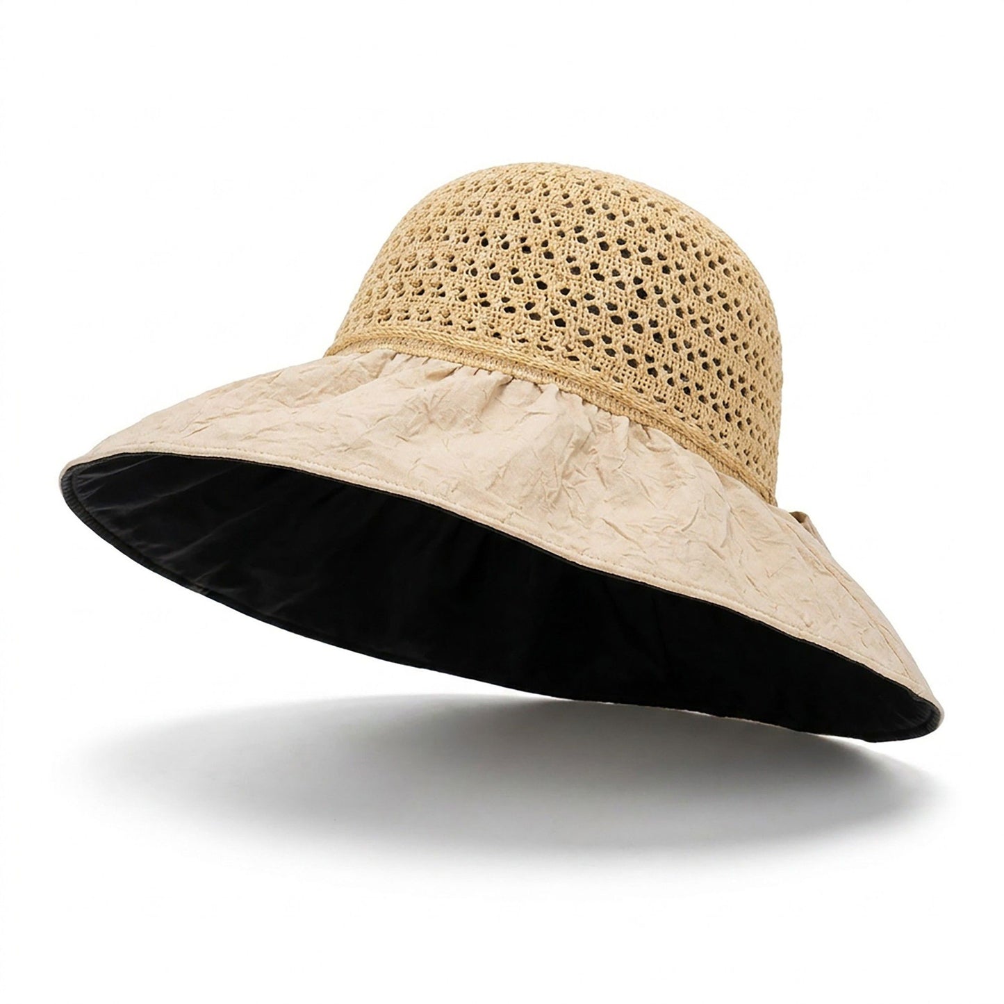 Wide Brim Crochet Sun Hat with Bow Accent and Textured Fabric Brim