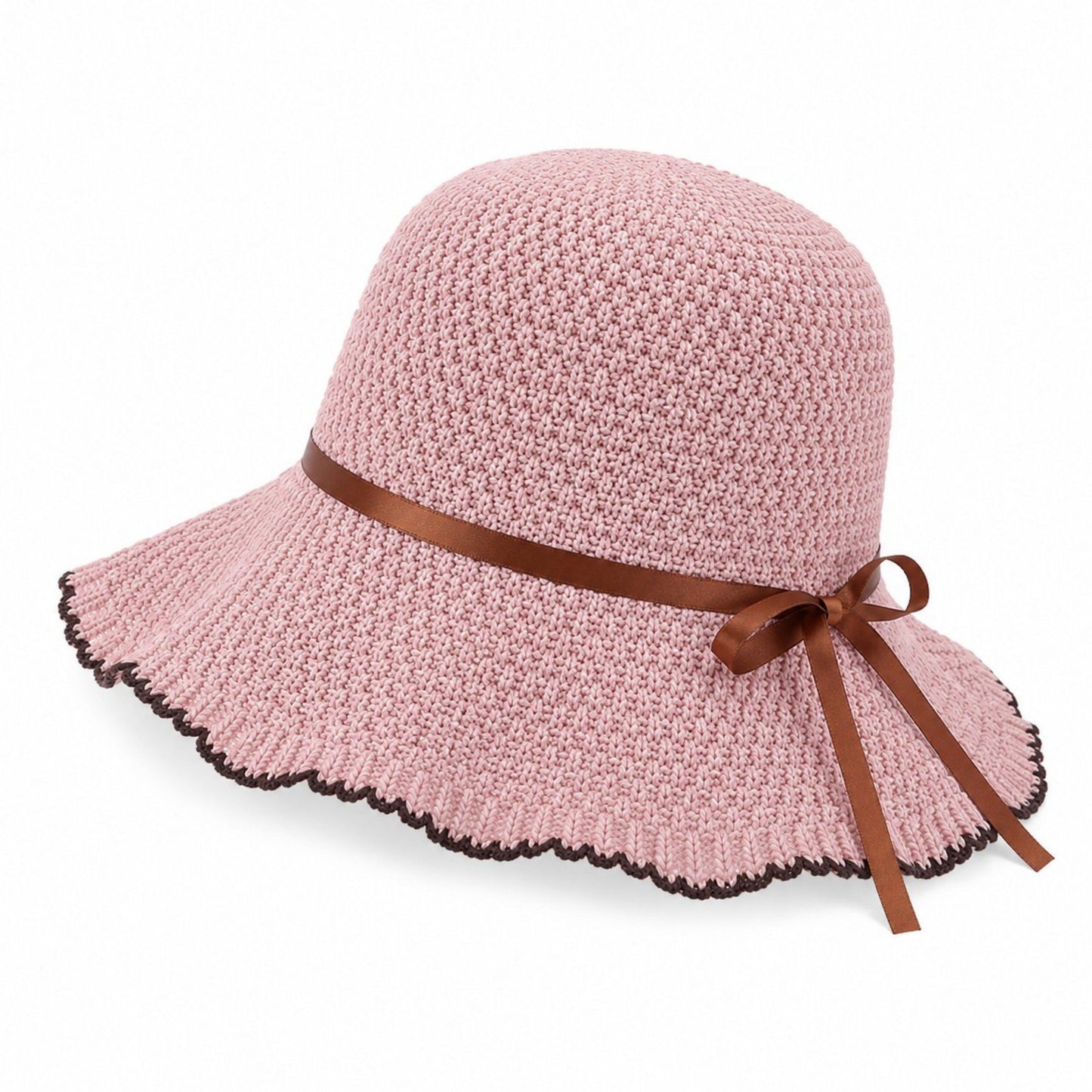 Woven Bucket Hat with Scalloped Brim Ribbon Band and Bow Tie Accent
