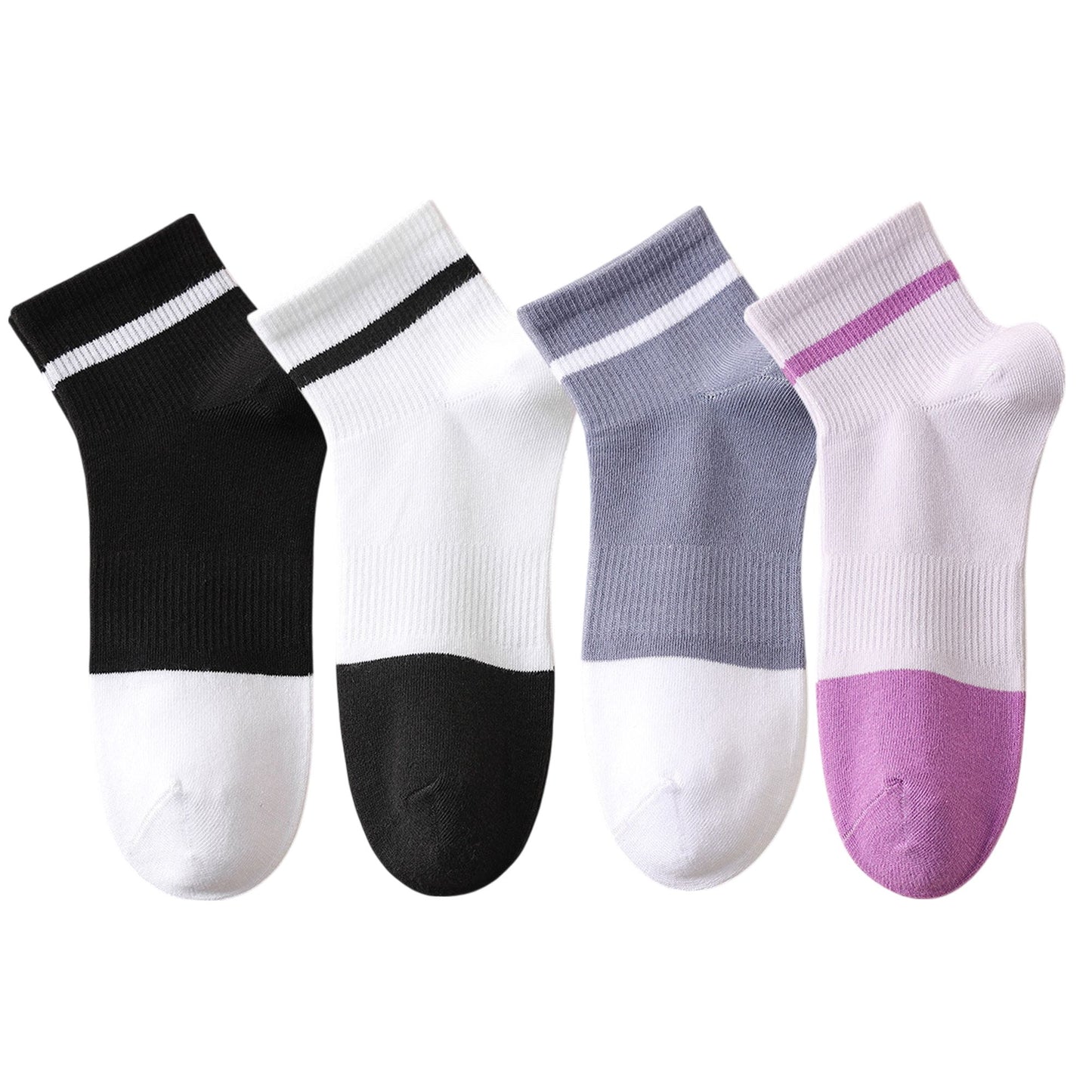 4 Pairs Women's Seamless Cotton Ankle Socks Breathable Stretch Ribbed Cuff in Assorted Color Block Design