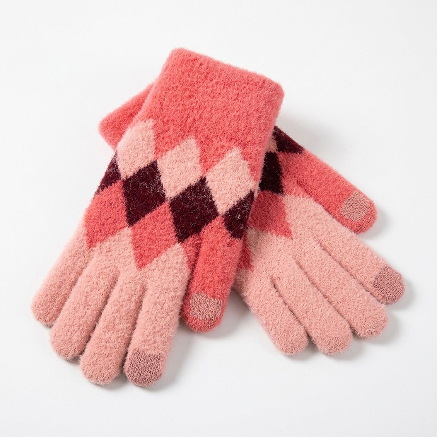 Fuzzy Argyle Touchscreen Gloves for Cold Weather