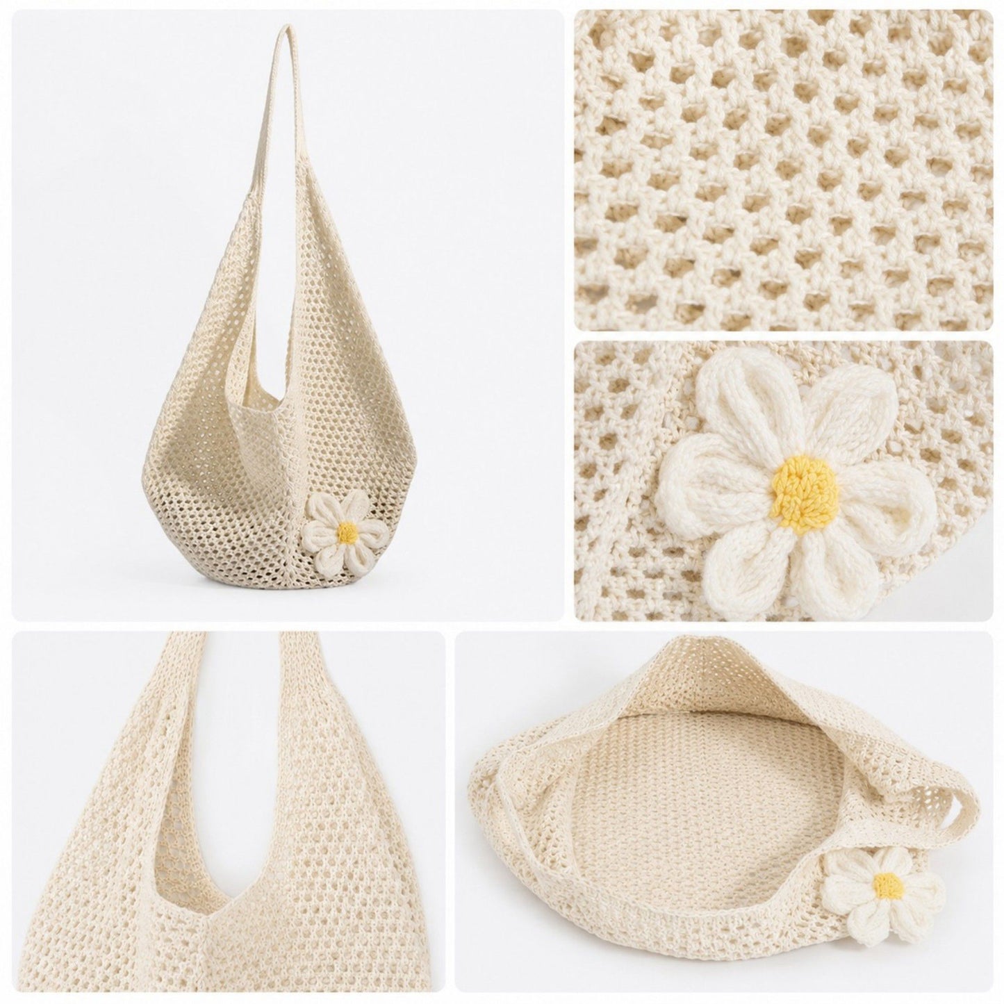 Flower Detail Woven Tote Bag for Women - Lightweight Summer Shoulder Bag for Vacation