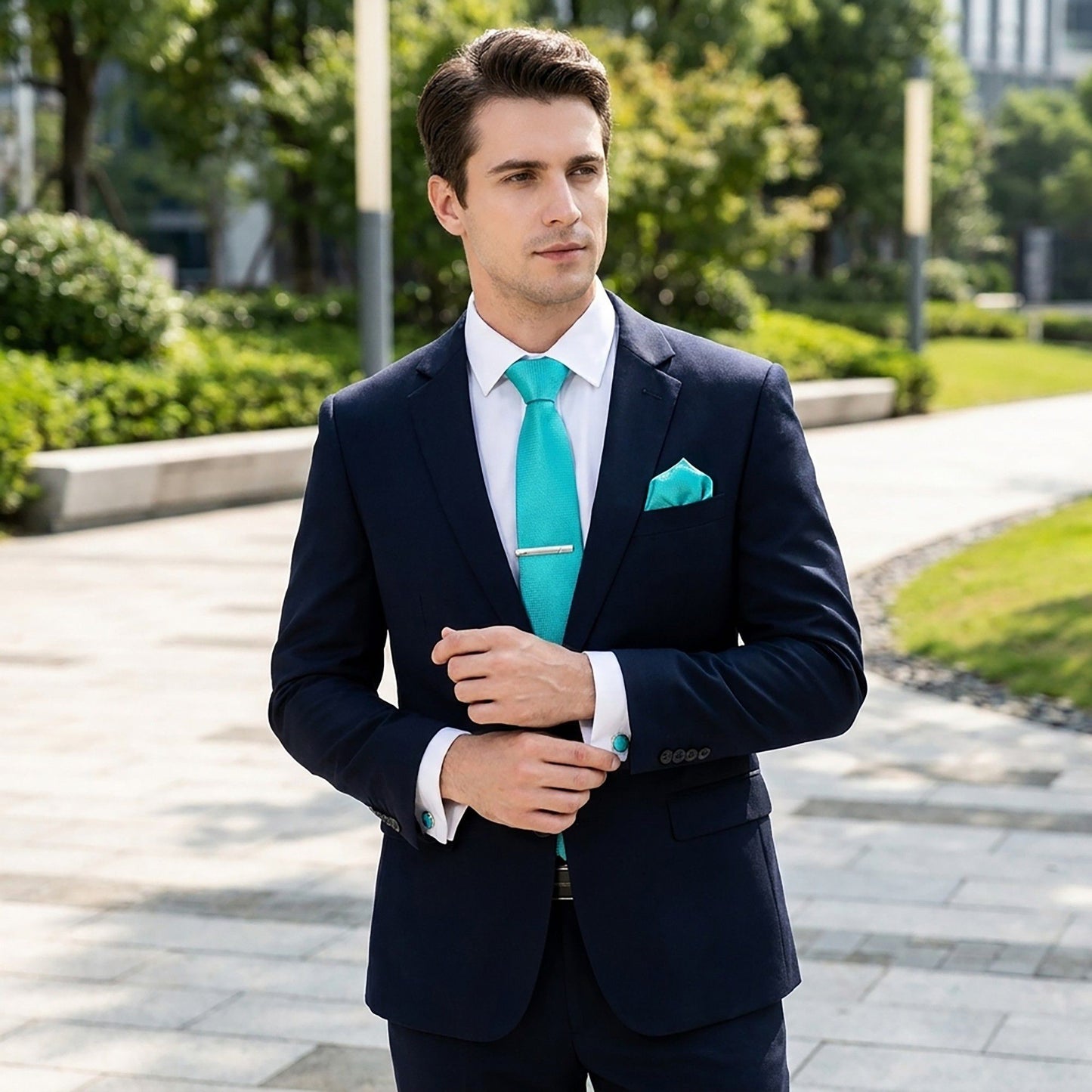 Men's Textured Solid Color Tie Gift Set with Matching Pocket Square Cufflinks and Silver Tie Clip
