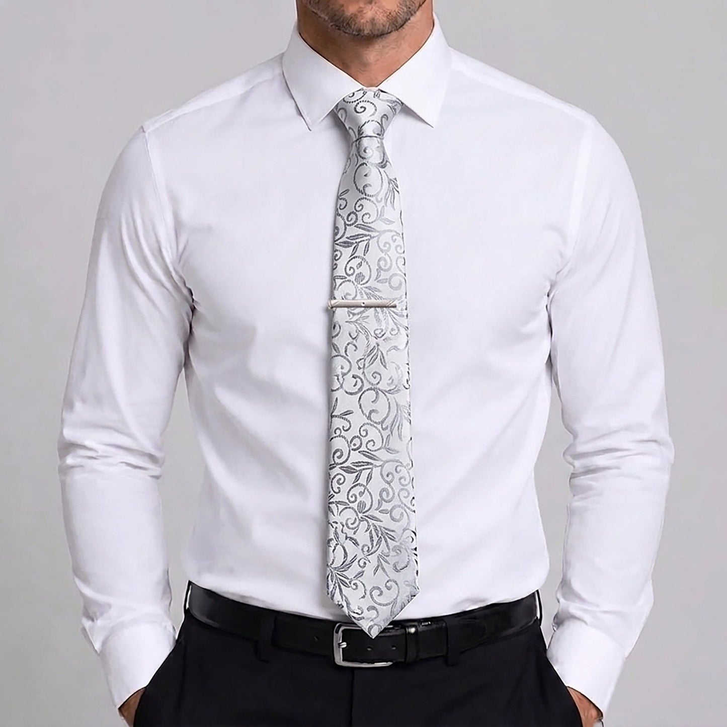 Men's Baroque Floral Tie Gift Set with Matching Pocket Square Cufflinks and Silver Tie Clip