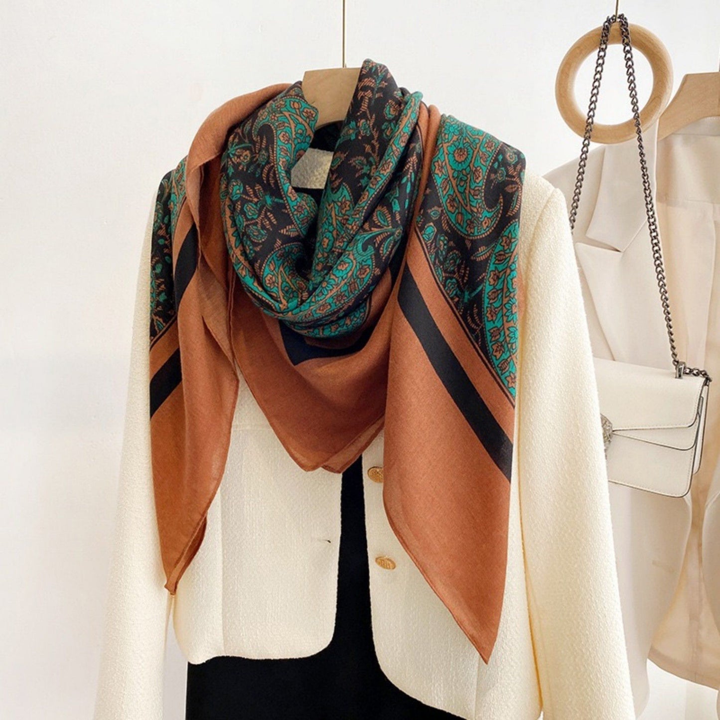 Paisley Print Square Scarf with Soft Lightweight Drape, Decorative Border Detailing, and Elegant Flowing Fabric 51x51in