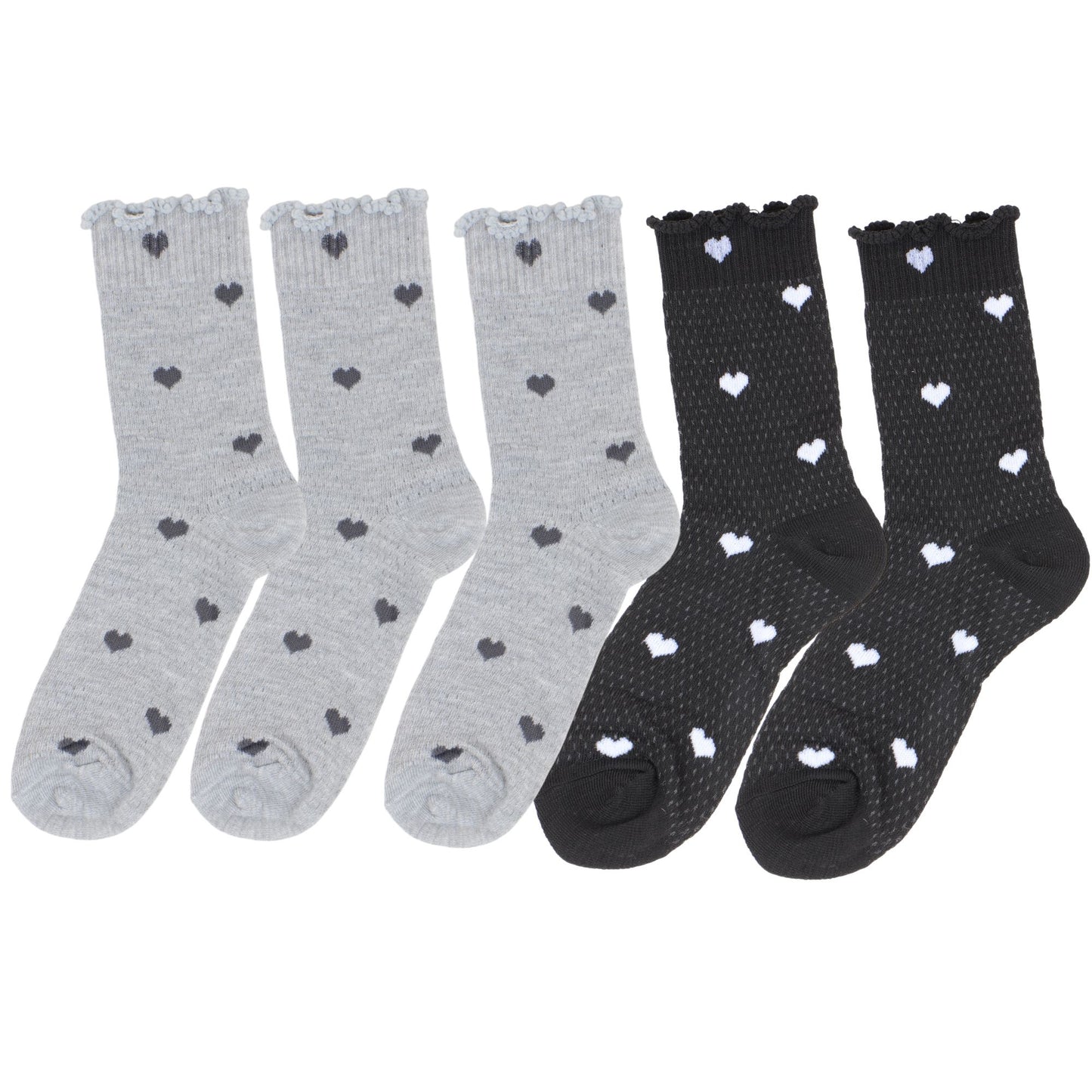 5-Pair Set Frilly Crew Socks with Valentine Heart Pattern and Ruffle Trim Breathable Knit Design for Flats or Loafers