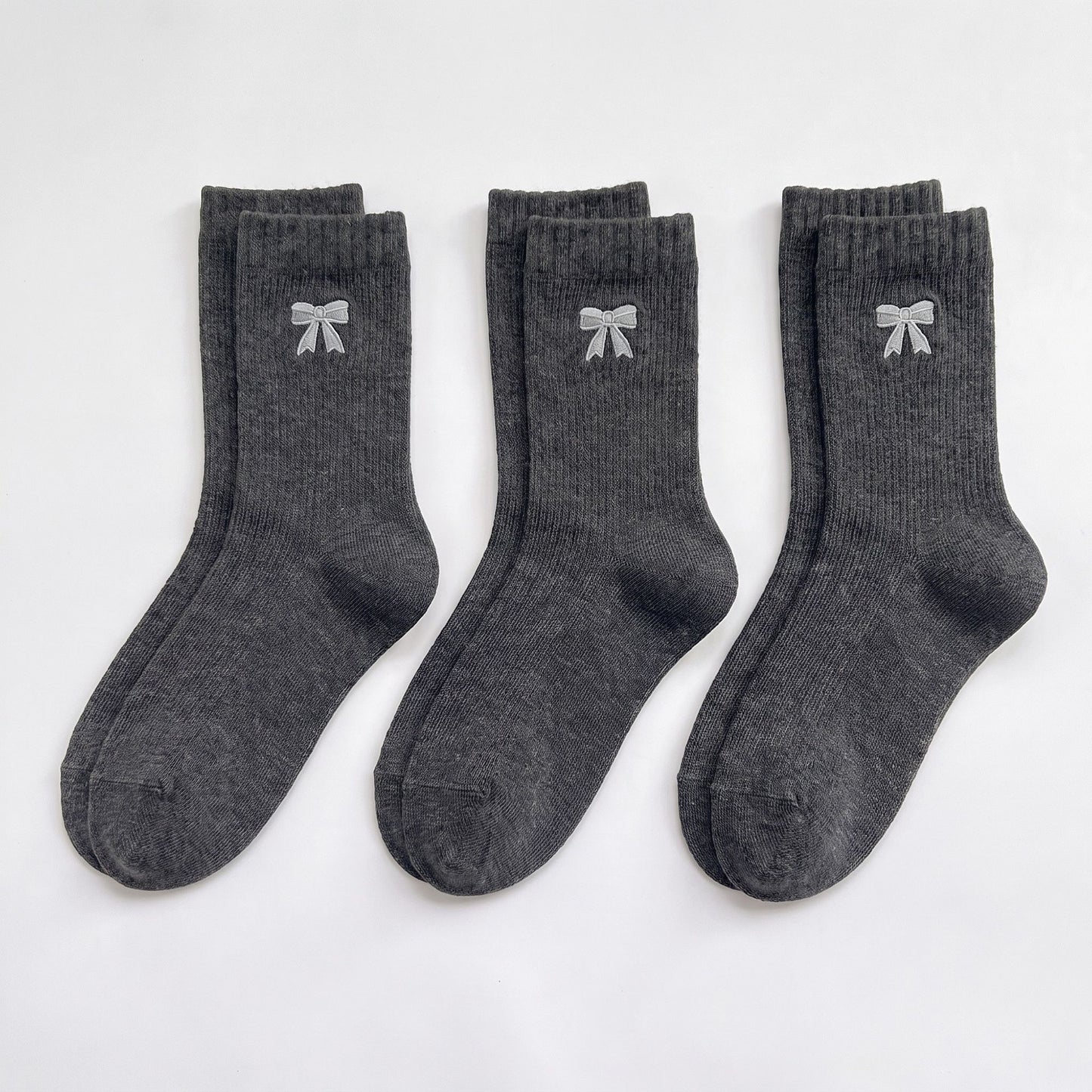 3-Pair Bow Embroidered Crew Socks Set, Ribbed Knit Casual Hosiery