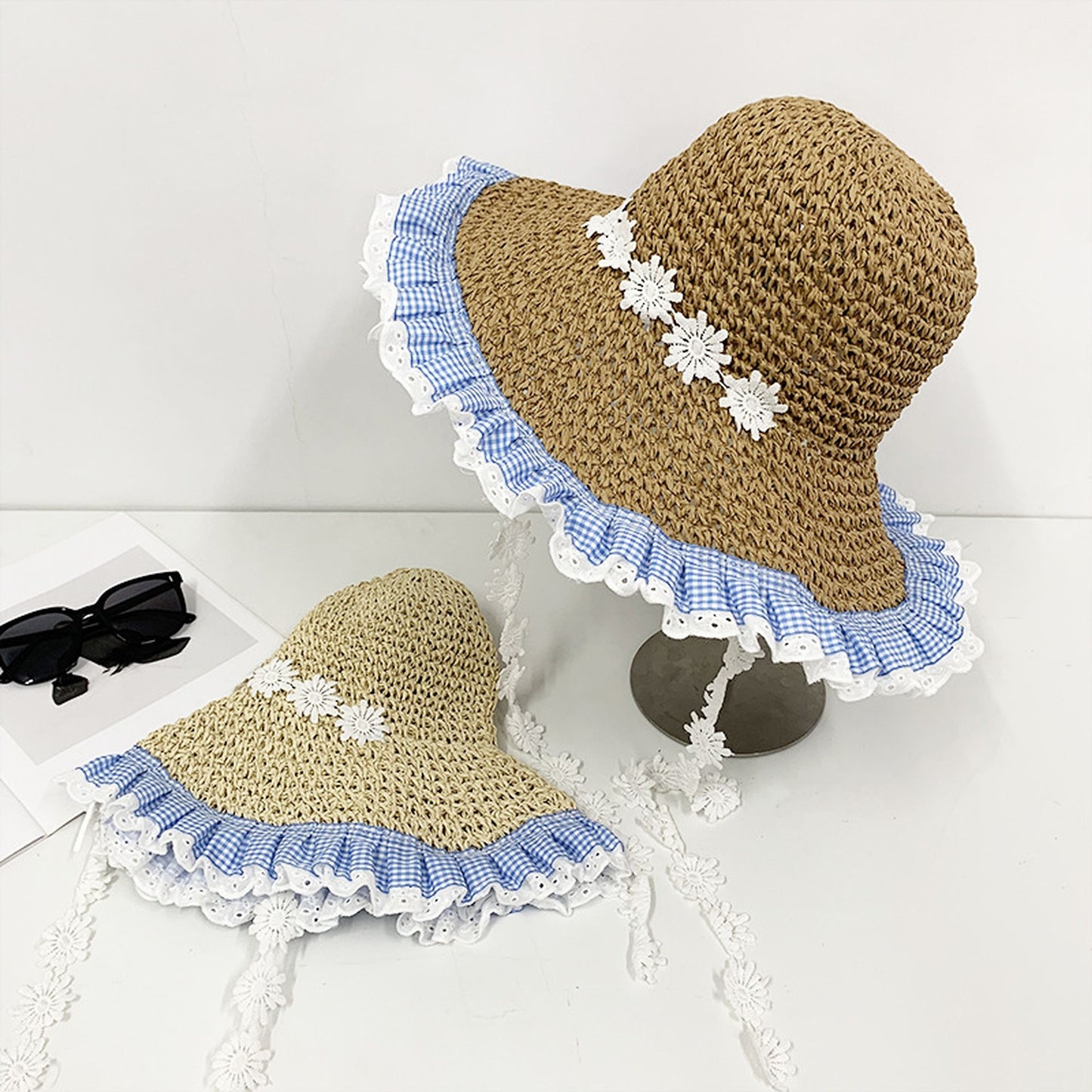 Straw Sun Hat with Gingham & Lace Trim