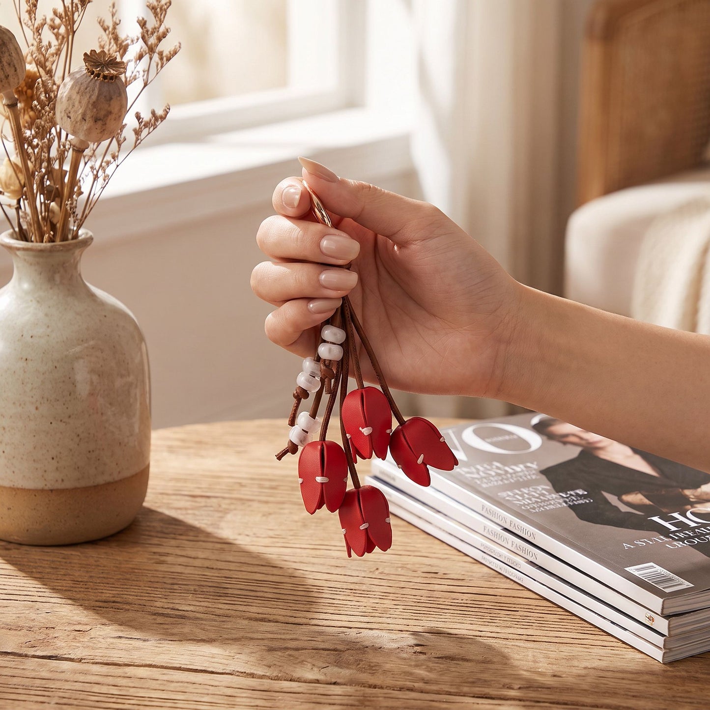 Tulip Flower Bag Charm with Bead Accents and Key Ring