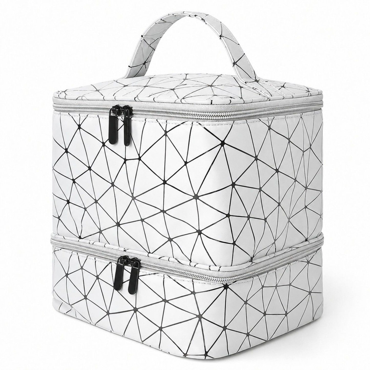 Two-Tier Cosmetic Organizer Bag with Geometric Print Dual Zippers Carry Handle and Interior Pockets