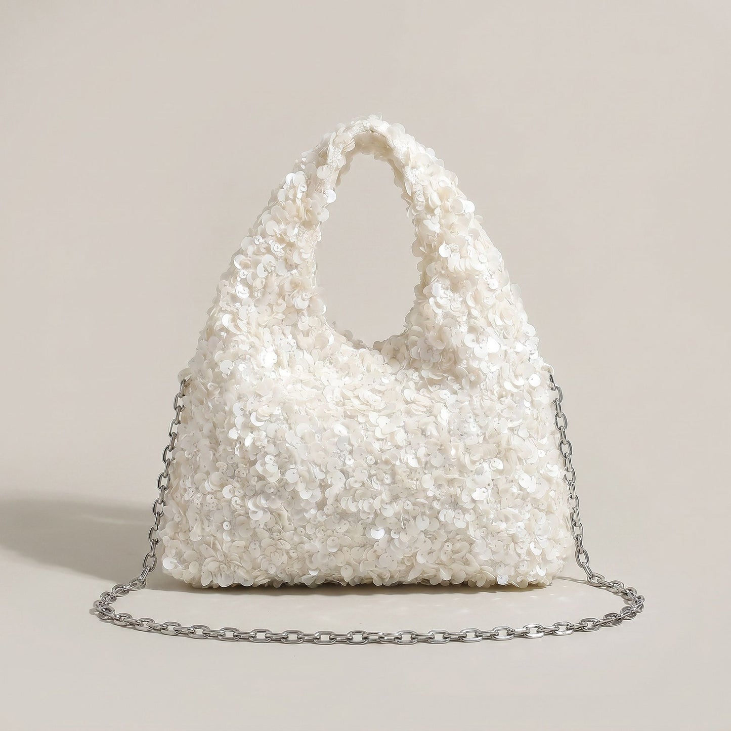 Sequin Top Handle Mini Bag with Round Cutout Handle and Chain Strap
