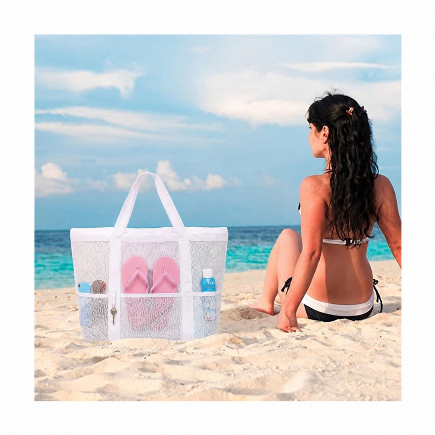 Mesh Beach Tote Bag Large Capacity Travel Shoulder Bag with Exterior Pockets Zipper Top Organizer