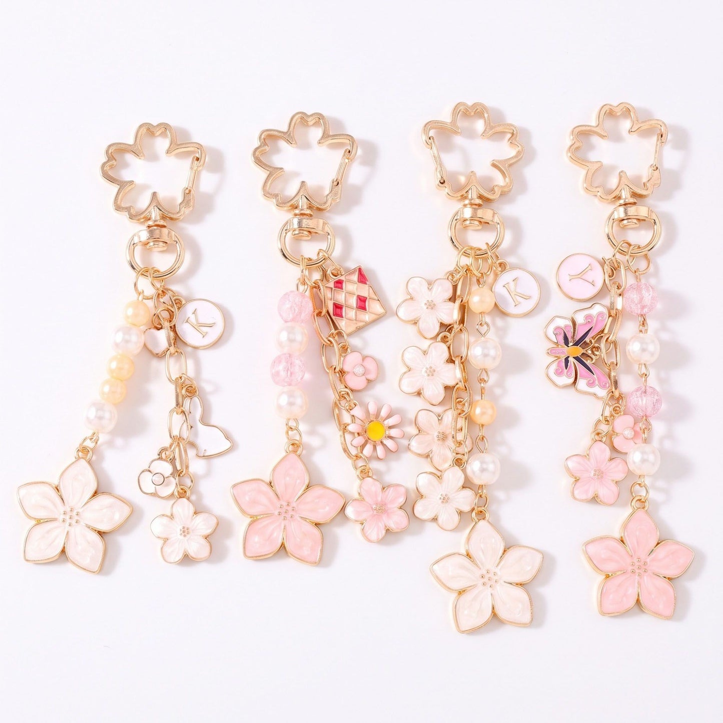 Enamel Cherry Blossom & Floral Multi-Charm Bag Charm Key Chain 4-Piece Set
