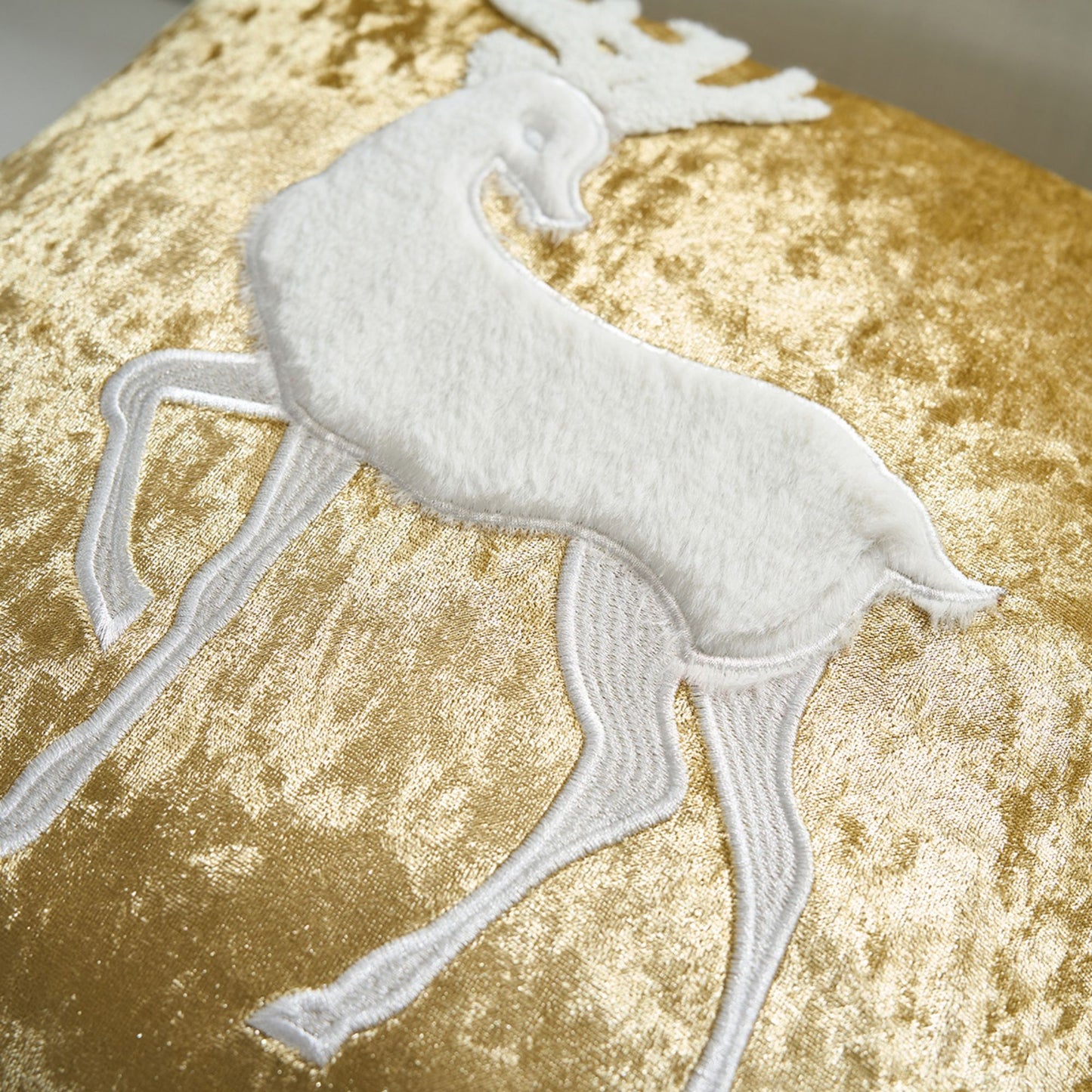 Christmas Reindeer Embroidered Velvet Throw Pillow Cover Gold Holiday Decor