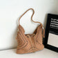 Woven Crochet Hobo Shoulder Bag with Tassel Detail Soft Knit Slouchy Tote Drawstring Style