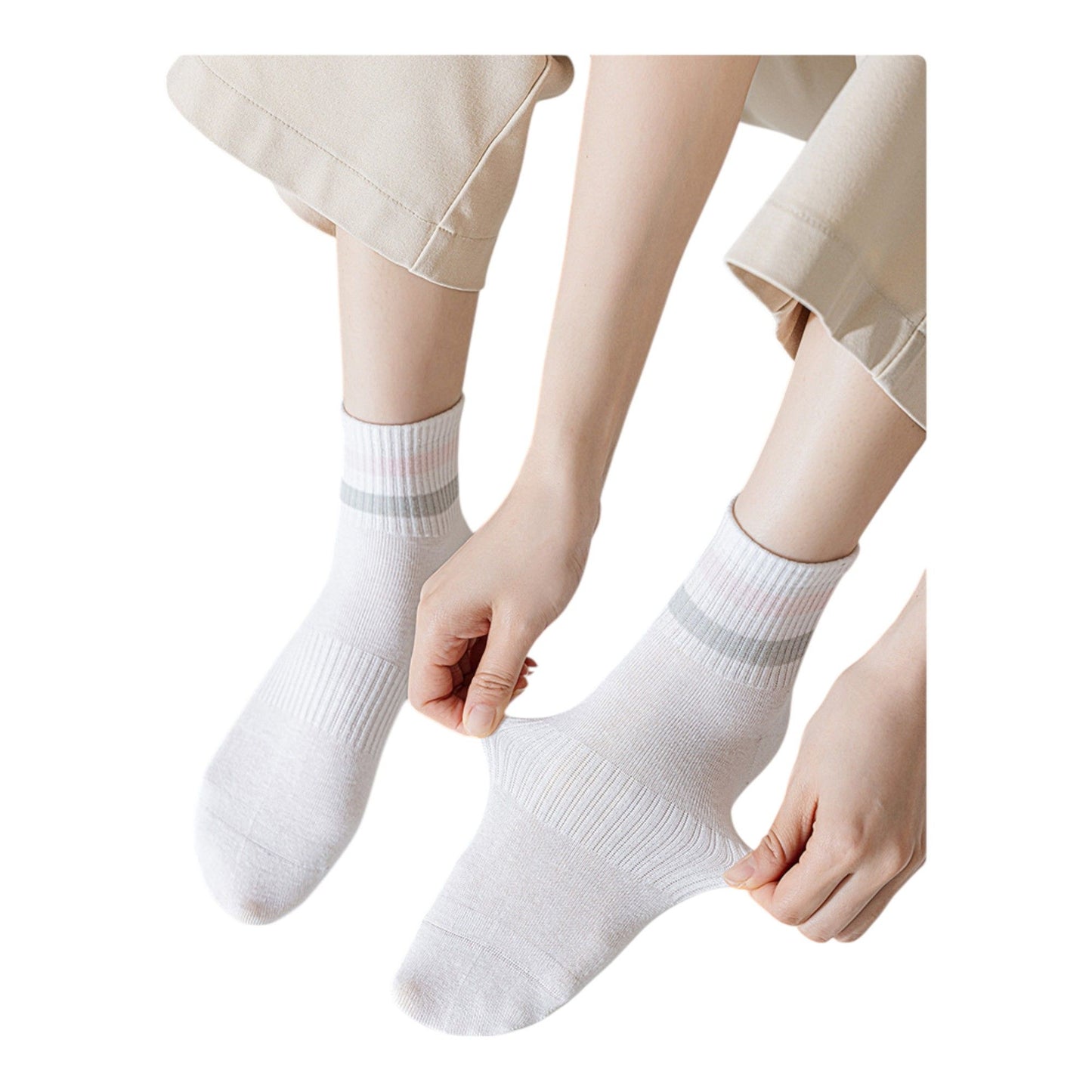 5 Pairs Women Cotton Ankle Socks with Pastel Striped Cuffs Soft Breathable Knit Fabric for Everyday Comfort