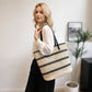 Open Weave Tote Bag with Contrast Stripe Zip Closure and Shoulder Handles