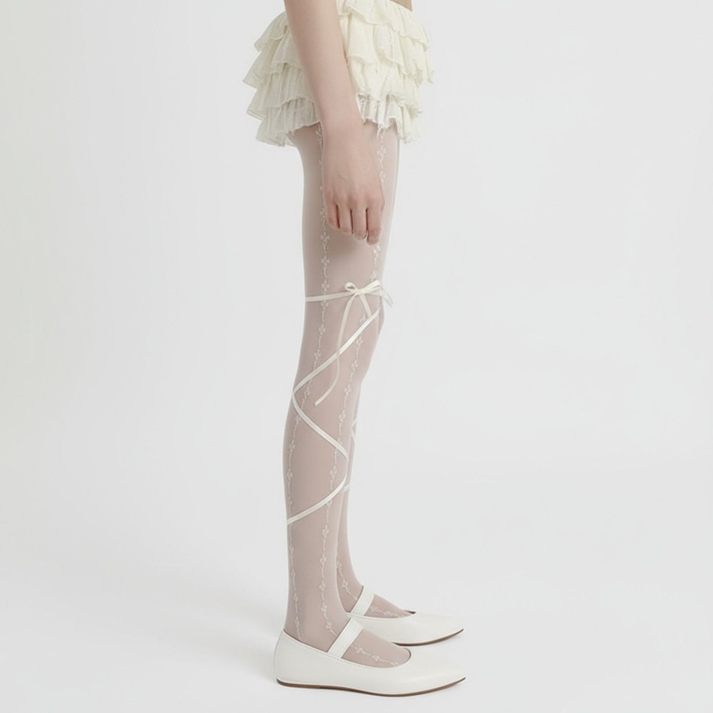 Sheer Lace Pattern Tights with Ribbon Bow Wrap Detail and Stretch Fit